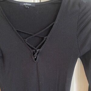 Ambiance Black Ribbed Lace-Up Blouse